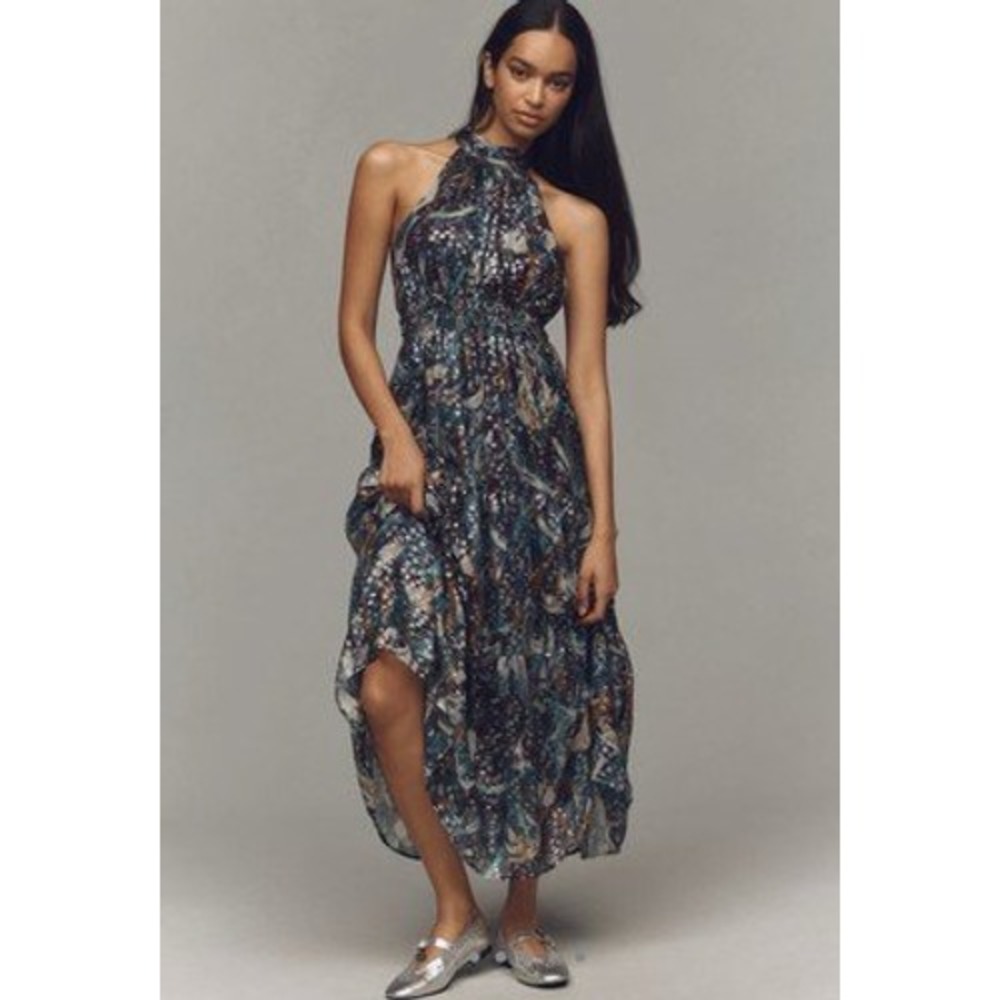 Anthropologie Somerset Halter Maxi Dress NWT Metallic Teal Blue Gold Abstract XS